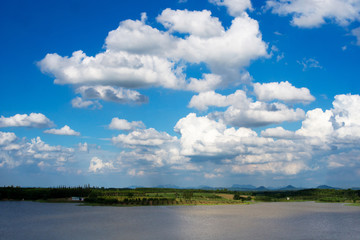 Blue sky with white clouds,Cloudy sky and mountain water.