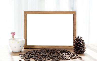 Blank white board with coffee mug and coffee bean decoration