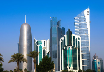 Contemporary architecture in Doha, the capital of Qatar, on the west coast of the Persian Gulf.