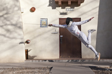 fencing, fencer, sword, flying, foil, action, western, jumping