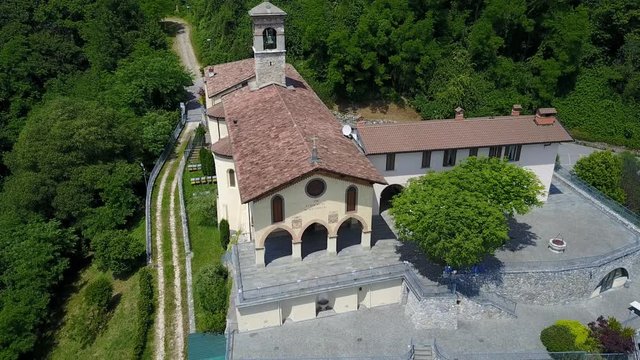 Nembro, Bergamo. Aerial shot of the Shrine named Madonna dello Zuccarello