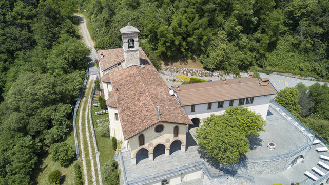 Nembro, Bergamo. Aerial shot of the Shrine named Madonna dello Zuccarello