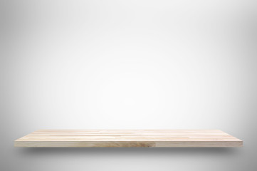 Wooden shelf on white gray gradient background