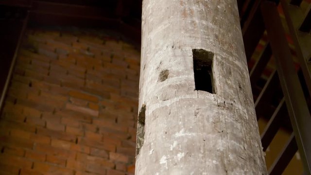 Central wooden pillar in Bopiliao Historical Block, a historical street in Taipei's old Wanhua District, Taiwan. 