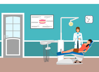 Medical doctor and patient on armchair in dentists office. Woman in dental clinic. Medicine care concept.