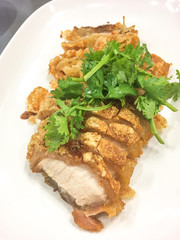 Fried pork crackling slice on white plate