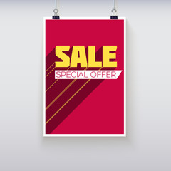 Sale poster with long shadow on red backdrop. Mock-up discounts template. Clearance Sale banner, flyer, A red banner hanging in front of a white wall.