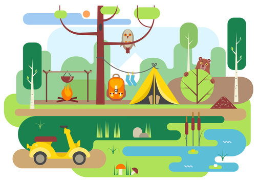 Vector flat illustration of summer camping. Campground in the forest. For posters, web templates.