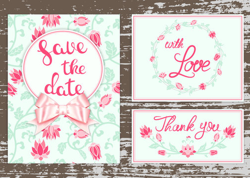 Vector wedding invitations set with floral ornament. Romantic tender floral design for wedding invitation