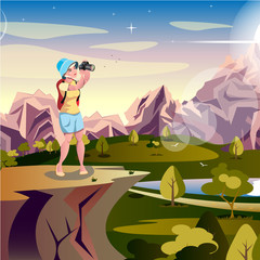 Young woman taking a photo of landscape.