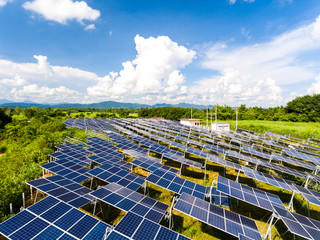 Solar Power Station in the green spring Nature,Solar panel Clean energy  thailand