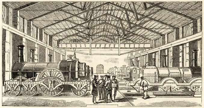 Great Western Railway train factory. Date: 1854