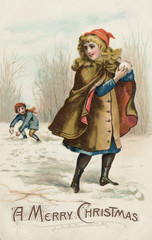 Girl Snowballing. Date: circa 1890