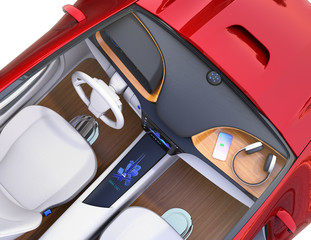 Naklejka premium Top view of electric car interior. Smart phone charging on the dashboard by wireless charging unit. 3D rendering image.
