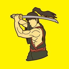 Samurai with sword katana, Sword man ready to fight graphic vector