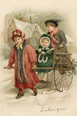 Obraz premium Girl pulls children's handcart through the snow. Date: 1909
