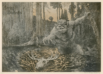 Norwegian troll chasing an elk. Date: 1895