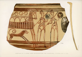 Greek vase -- warriors with horse and dog. Date: BCE