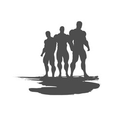 The collection of 3 Body building silhouette. Bodybuilders posing on grunge brush stroke.