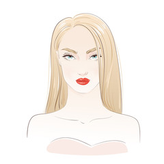 Beautiful sexy blonde woman portrait. Hand drawn vector illustration