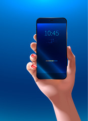Phone in woman hand. Smartphone screen. Realistic vector illustration. mock up