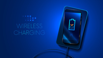 Wireless charging smart phone on blue. the battery icon shows the charging process. The charging of smartphone. The view from the top. VECTOR