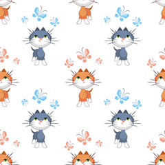 Small funny kitten plays with a butterfly. Children's full color seamless pattern in cartoon style.