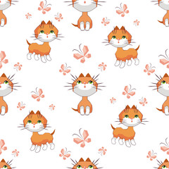 Small funny kitten plays with a butterfly. Children's full color seamless pattern in cartoon style.