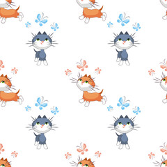 Small funny kitten plays with a butterfly. Children's full color seamless pattern in cartoon style.