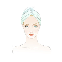 Beautiful girl in towel on her head. Vector hand drawn illustration.
