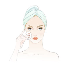 Beautiful girl during beauty ritual, removing makeup. Vector hand drawn illustration.