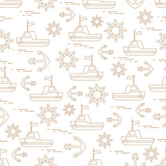 Cute seamless pattern with ships, steering wheels, anchors, flags. Marine theme.