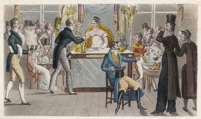 Fototapeta na wymiar British visitors in a cafe Paris. Date: 1814-1815