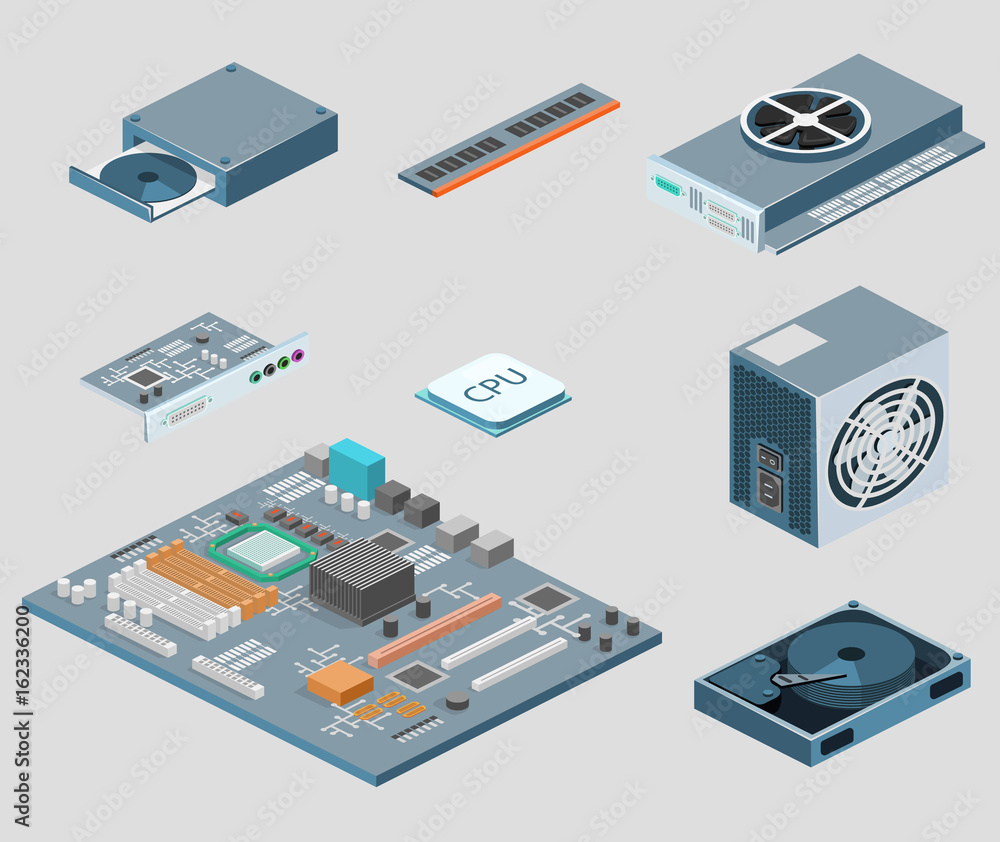 Aufkleber isometric flat 3d isolated vector white computer computer parts