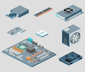 Isometric flat 3D isolated vector white computer Computer parts