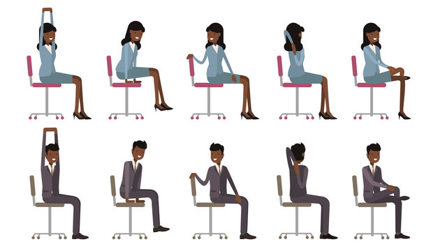 Office chair yoga. Corporate workout vector illustration on white isolated background. Business man and woman stretching on a work place.