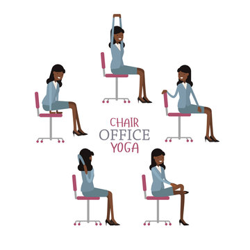 Office chair yoga. Corporate workout vector illustration on white isolated background. Business woman stretching on a work place.