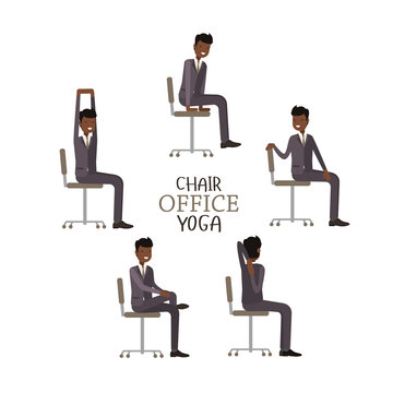 Office chair yoga. Corporate workout vector illustration on white isolated background. Business man stretching on a work place.