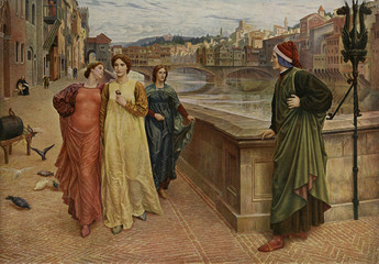 Dante Alighieri  Italian poet  sees his beloved Beatrice. Date: 1280s - obrazy, fototapety, plakaty