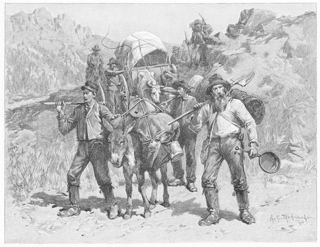 Gold prospectors in California. Date: 1851