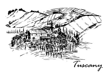 drawing beautiful landscape of Tuscany fields with the beautiful manor house sketch ink hand drawn vector illustration