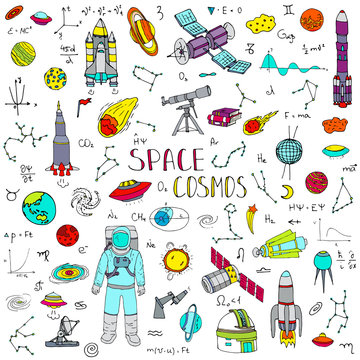 Hand drawn doodle Space and Cosmos set. Vector illustration. Universe icons. Rocket, Space ship Symbols collection. Solar system, Planets, Galaxy, Milky Way, Astronaut. Tech freehand elements.