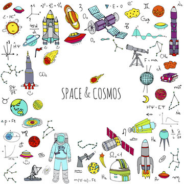 Hand drawn doodle Space and Cosmos set. Vector illustration. Universe icons. Rocket, Space ship Symbols collection. Solar system, Planets, Galaxy, Milky Way, Astronaut. Tech freehand elements.