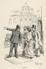 London policeman directing tourists. Date: 1902