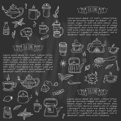 Hand drawn doodle Tea time icon set. Vector illustration. Isolated drink symbols collection. Cartoon various beverage element: mug, cup, teapot, leaf, bag, spice, plate, mint, herbal, sugar, lemon.