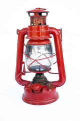 Red vintage mini kerosene lantern with brass handle
