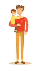 Dad holding his son and daughter. Vector illustration of a flat design