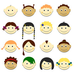 Kids face set vector illustration. Portraits with smile and various hairstyle
