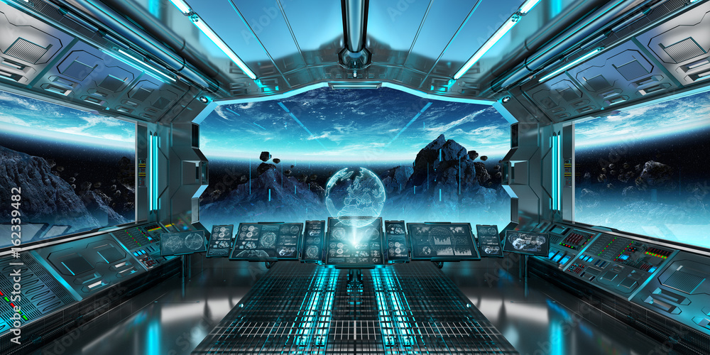 Poster spaceship interior with view on the planet earth 3d rendering elements of this image furnished by na