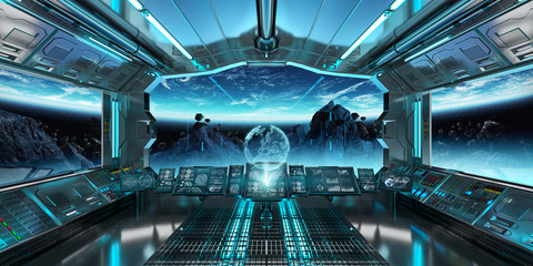 Naklejka premium Spaceship interior with view on the planet Earth 3D rendering elements of this image furnished by NASA